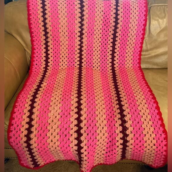 Handmade Vintage Retro Afghan Blanket in Pink and Brown - Picture 1 of 4